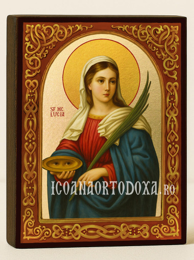 Icoană cu Sfânta Lucia cu arcadă florală și fundal auriu