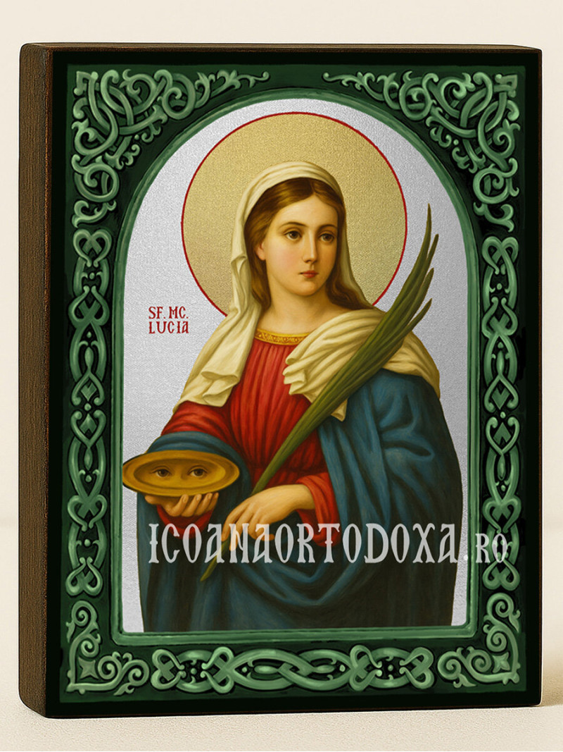 Icoană cu Sfânta Lucia cu arcadă florală verde și fundal argintiu