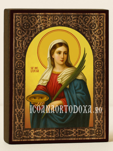 Icoană cu Sfânta Lucia cu arcadă florală cu textură de lemn