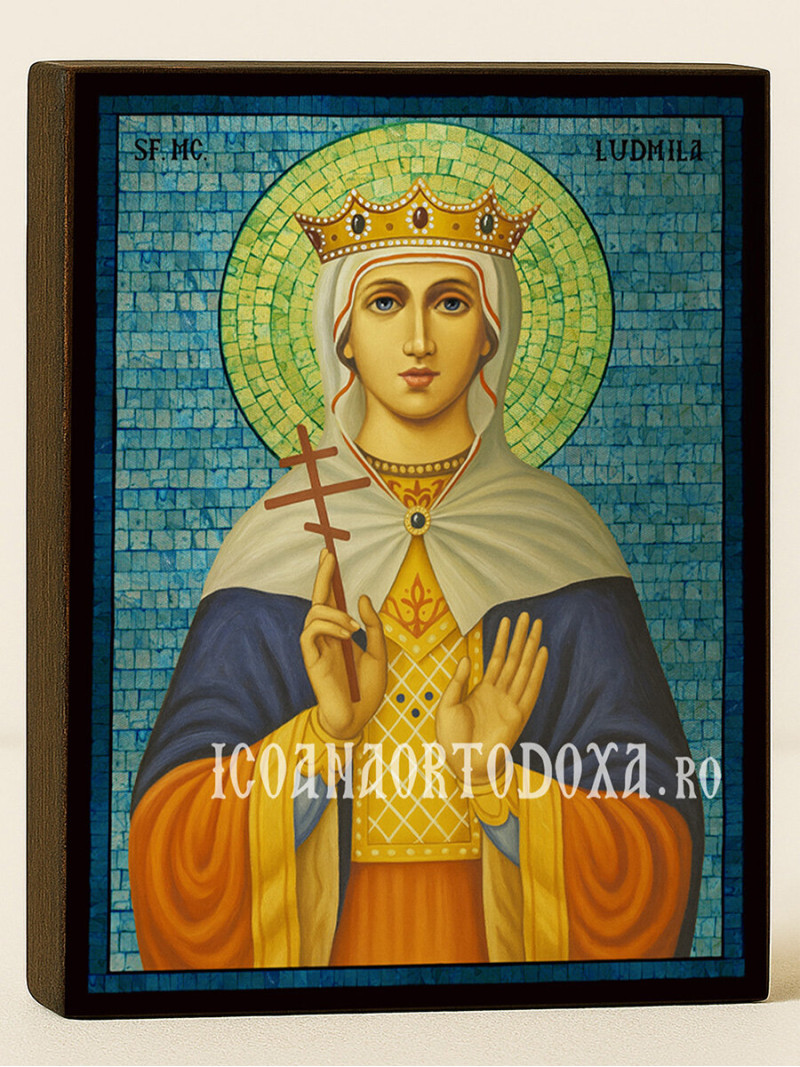 Icoană cu Sfânta Ludmila Cehă cu mozaic argintiu albastru