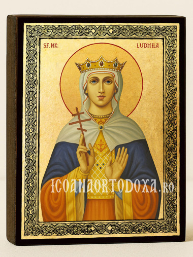 Icoană aurită cu Sfânta Ludmila Cehă și ramă decorativă