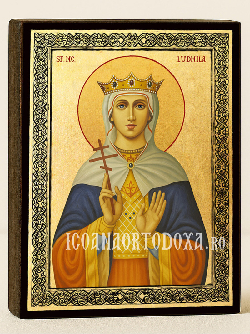 Icoană aurită cu Sfânta Ludmila Cehă și ramă decorativă