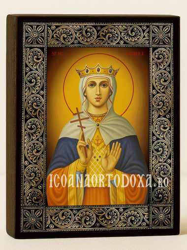 Icoană cu Sfânta Ludmila Cehă și ramă florală decorativă