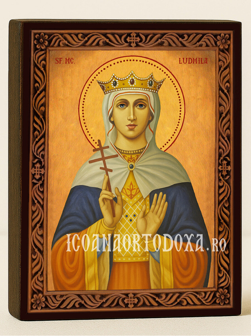 Icoană cu Sfânta Ludmila Cehă cu ramă decorativă rustică