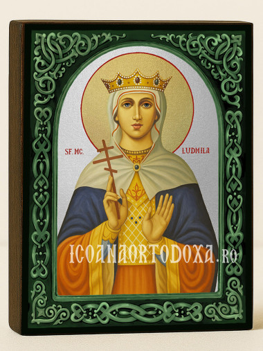 Icoană cu Sfânta Ludmila Cehă cu arcadă florală verde și fundal argintiu