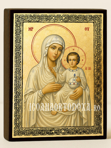 Icoană aurită cu Sfânta Maica Domnului Ierusalim și ramă decorativă