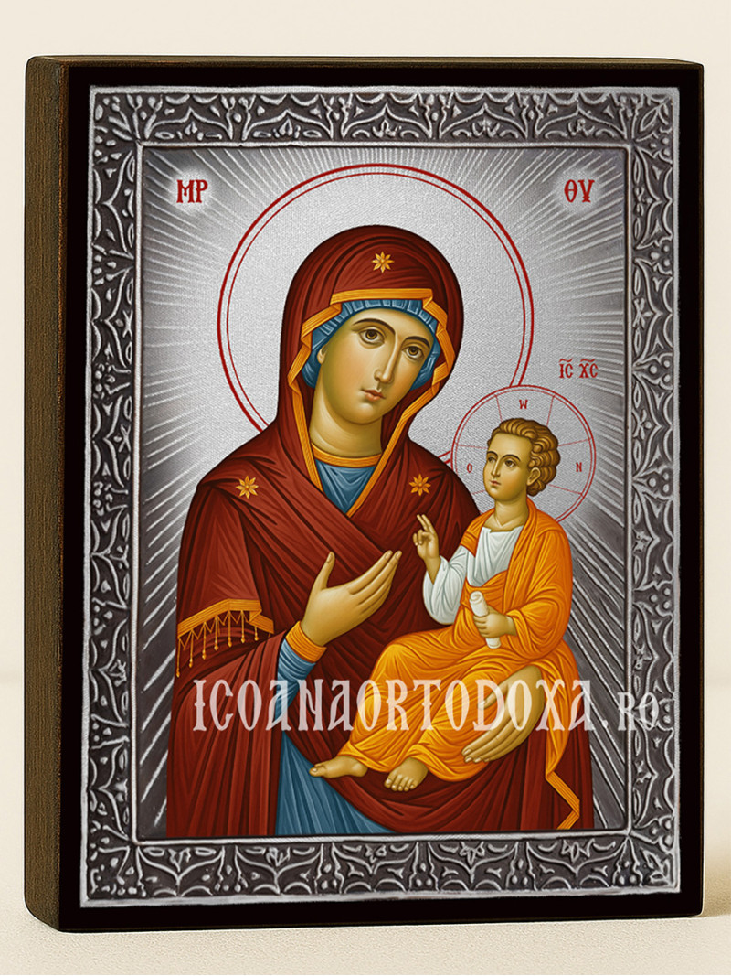 Icoană cu Sfânta Maica Domnului Iverska cu raze argintii decorative