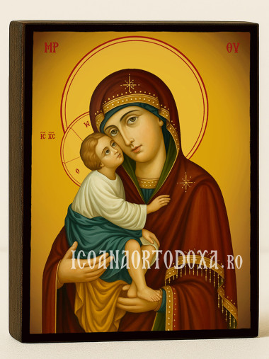 Icoană ortodoxă cu Sfânta Maica Domnului Vladimir cu fundal galben luminos