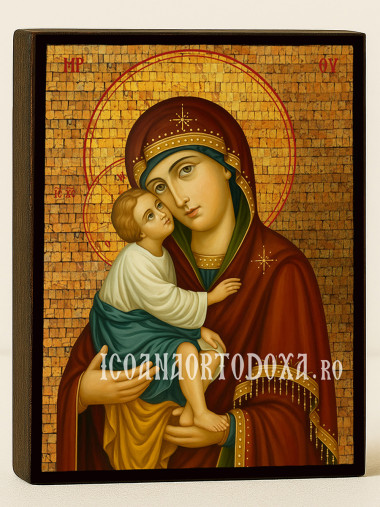 Icoană aurită cu Sfânta Maica Domnului Vladimir cu mozaic decorativ auriu