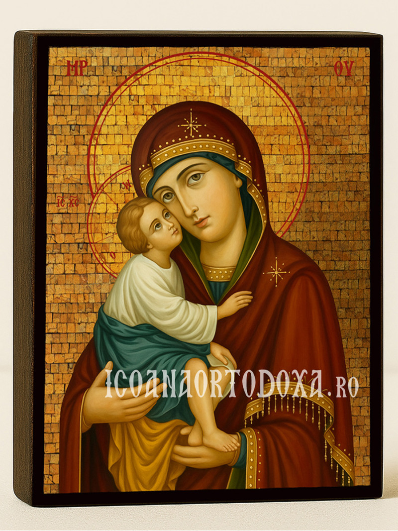 Icoană aurită cu Sfânta Maica Domnului Vladimir cu mozaic decorativ auriu