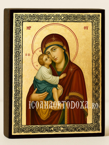 Icoană aurită cu Sfânta Maica Domnului Vladimir cu fundal și ramă aurie decorativă