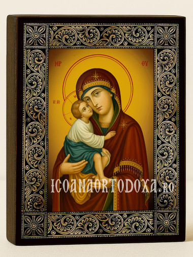 Icoană cu Sfânta Maica Domnului Vladimir cu ramă decorativă cu motive florale