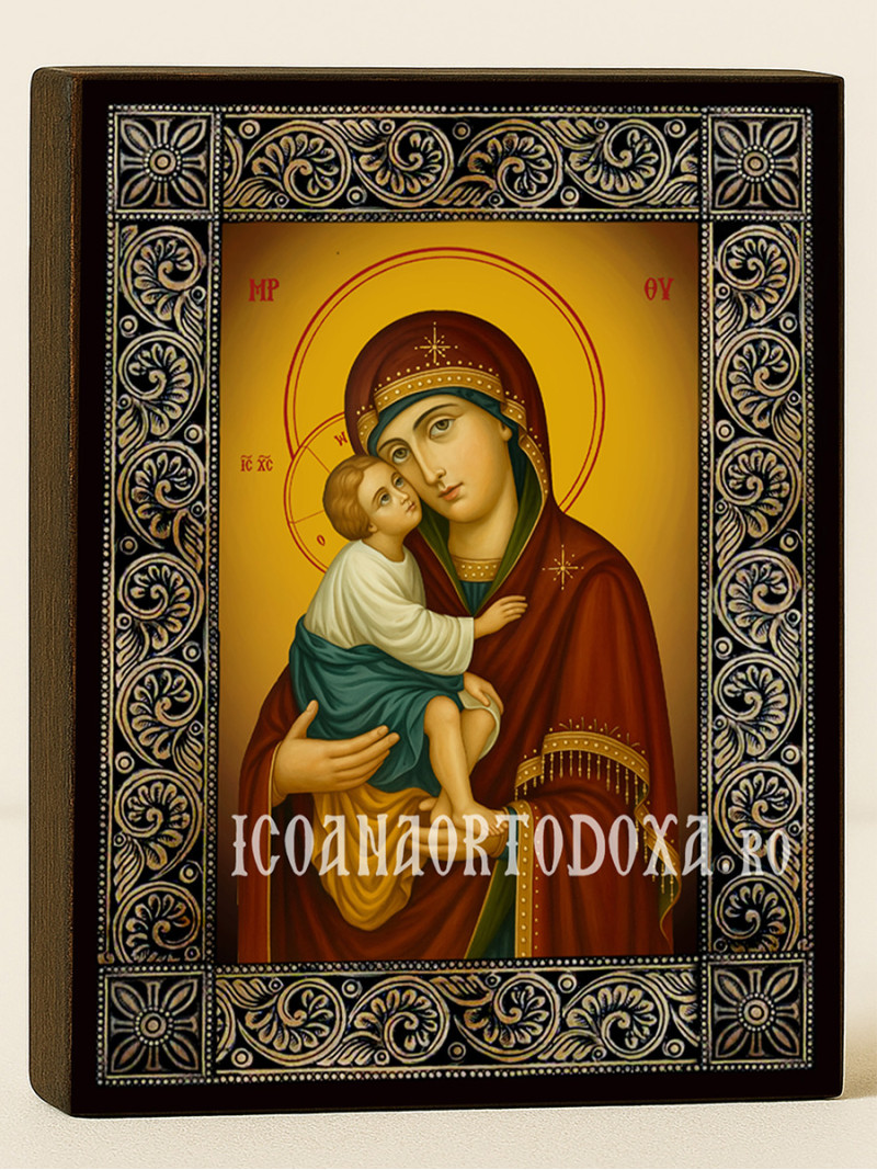 Icoană cu Sfânta Maica Domnului Vladimir cu ramă decorativă cu motive florale