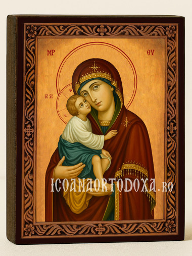 Icoană ortodoxă cu Sfânta Maica Domnului Vladimir cu ramă decorativă stil sculptat