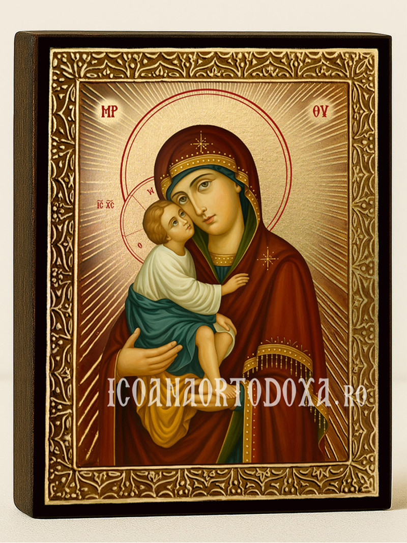 Icoană aurită cu Sfânta Maica Domnului Vladimir cu raze decorative și ramă