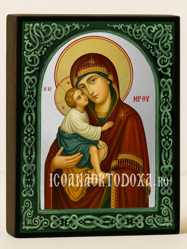 Icoană din argint cu Sfânta Maica Domnului Vladimir cu arc floral verde