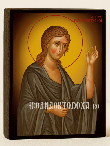 Icoană cu Sfânta Maria Egipteana cu fundal galben luminos