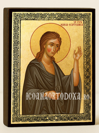 Icoană aurită cu Sfânta Maria Egipteana și ramă decorativă
