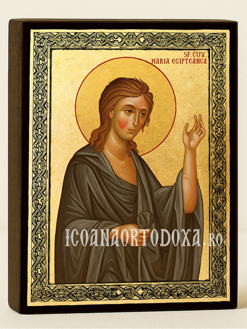 Icoană aurită cu Sfânta Maria Egipteana și ramă decorativă