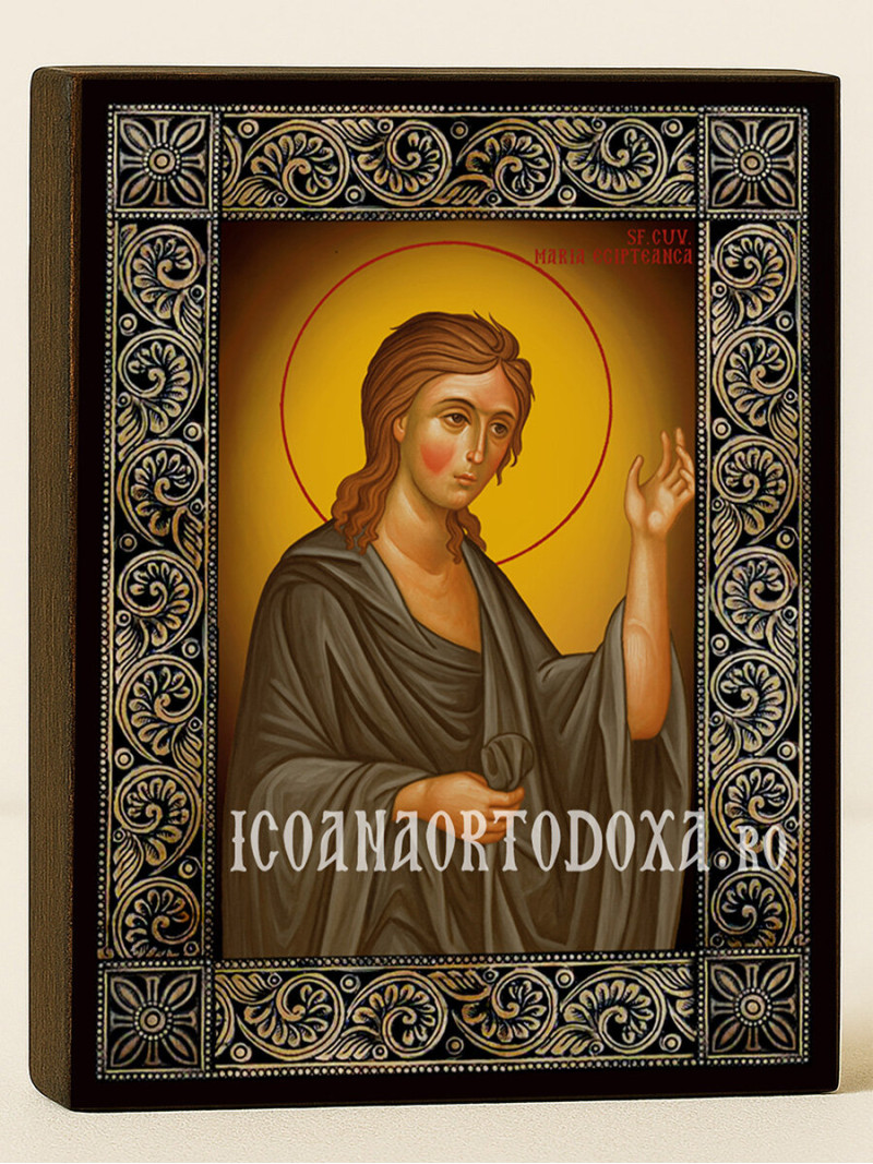 Icoană cu Sfânta Maria Egipteana și ramă florală decorativă