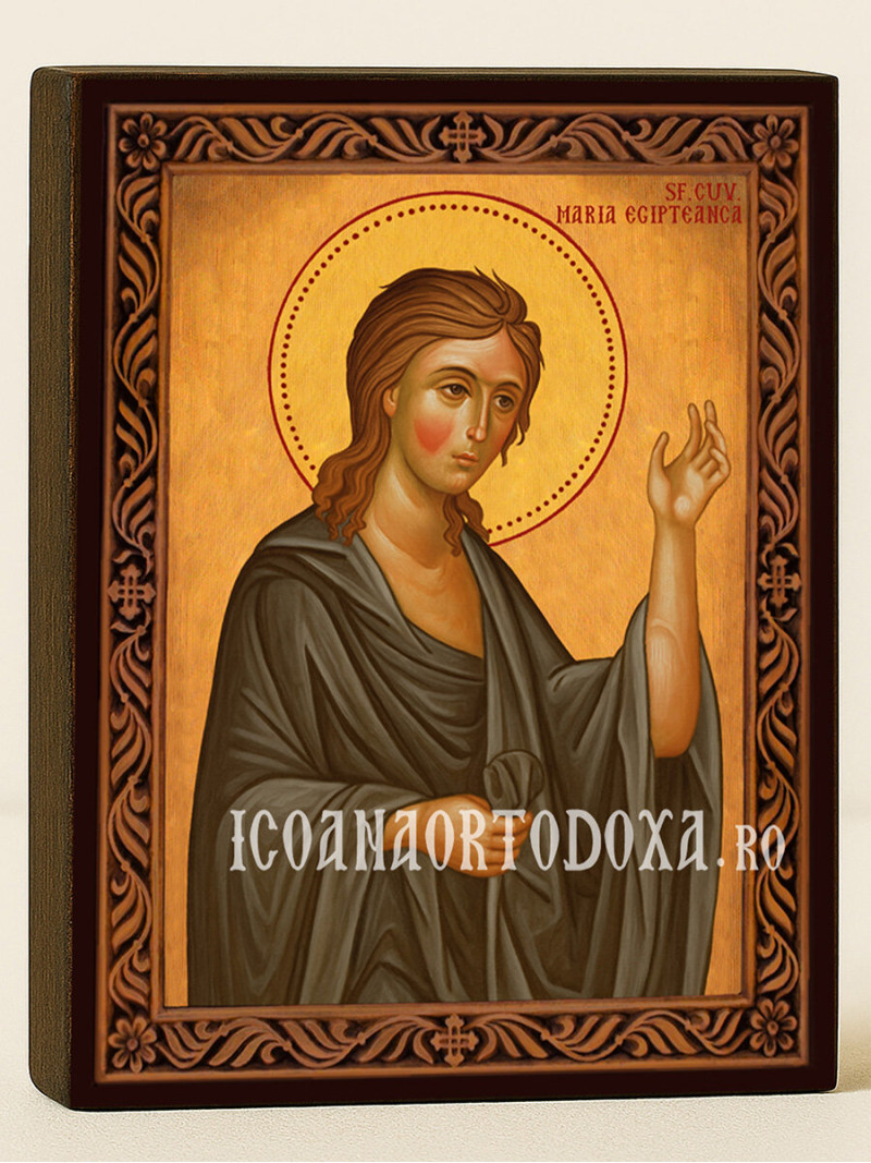 Icoană cu Sfânta Maria Egipteana cu ramă decorativă rustică