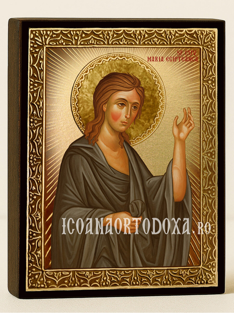 Icoană aurită cu Sfânta Maria Egipteana și raze luminoase