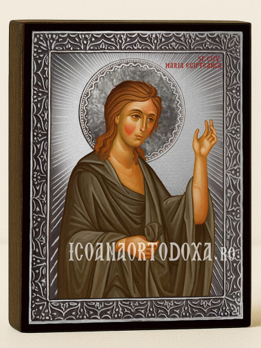Icoană din argint cu Sfânta Maria Egipteana și raze decorative