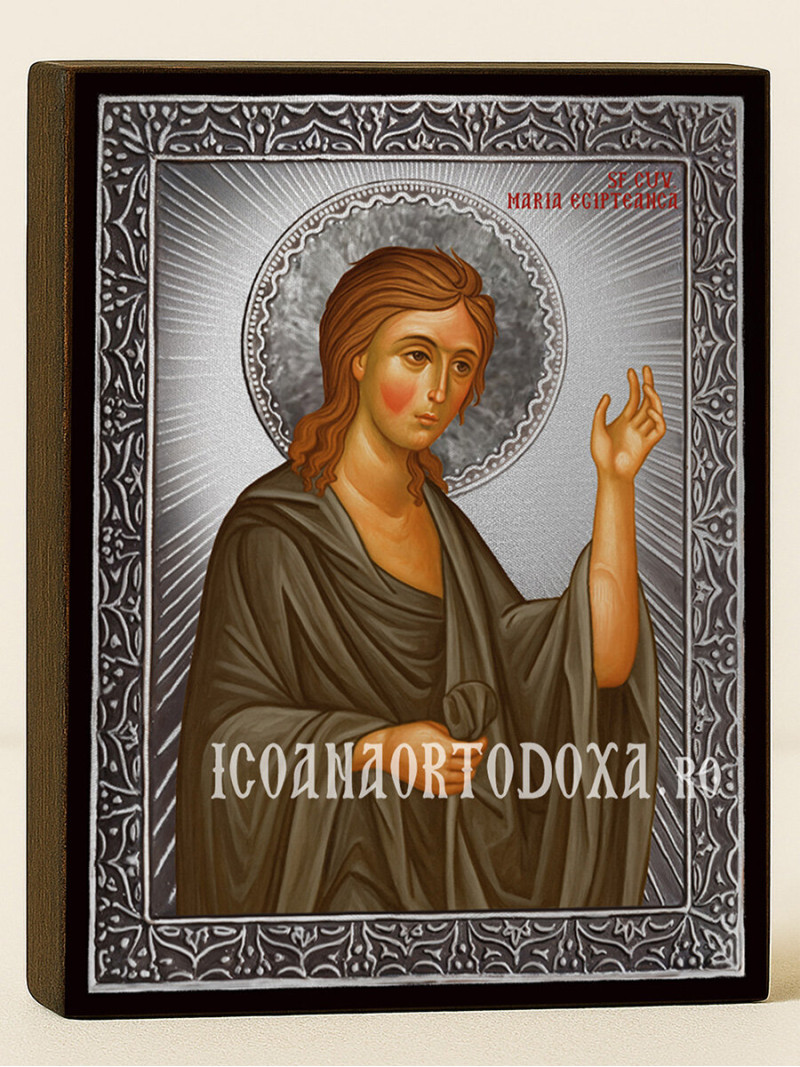 Icoană din argint cu Sfânta Maria Egipteana și raze decorative