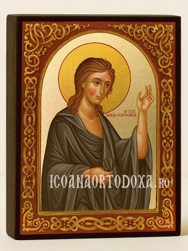 Icoană cu Sfânta Maria Egipteana cu arcadă florală și fundal auriu