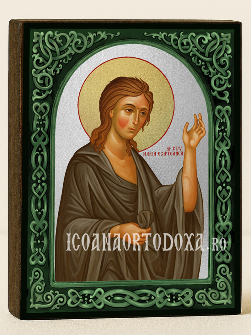 Icoană cu Sfânta Maria Egipteana cu arcadă florală verde și fundal argintiu