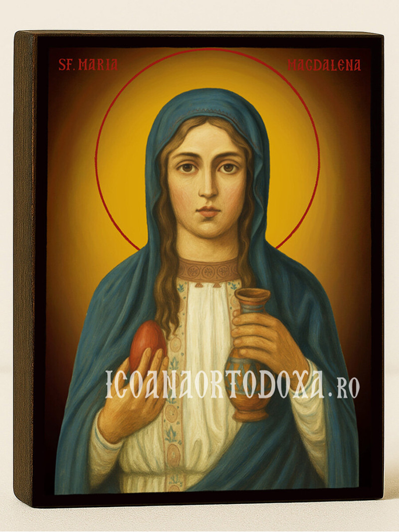 Icoană cu Sfânta Maria Magdalena cu fundal galben luminos