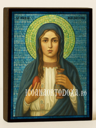 Icoană cu Sfânta Maria Magdalena cu mozaic argintiu albastru