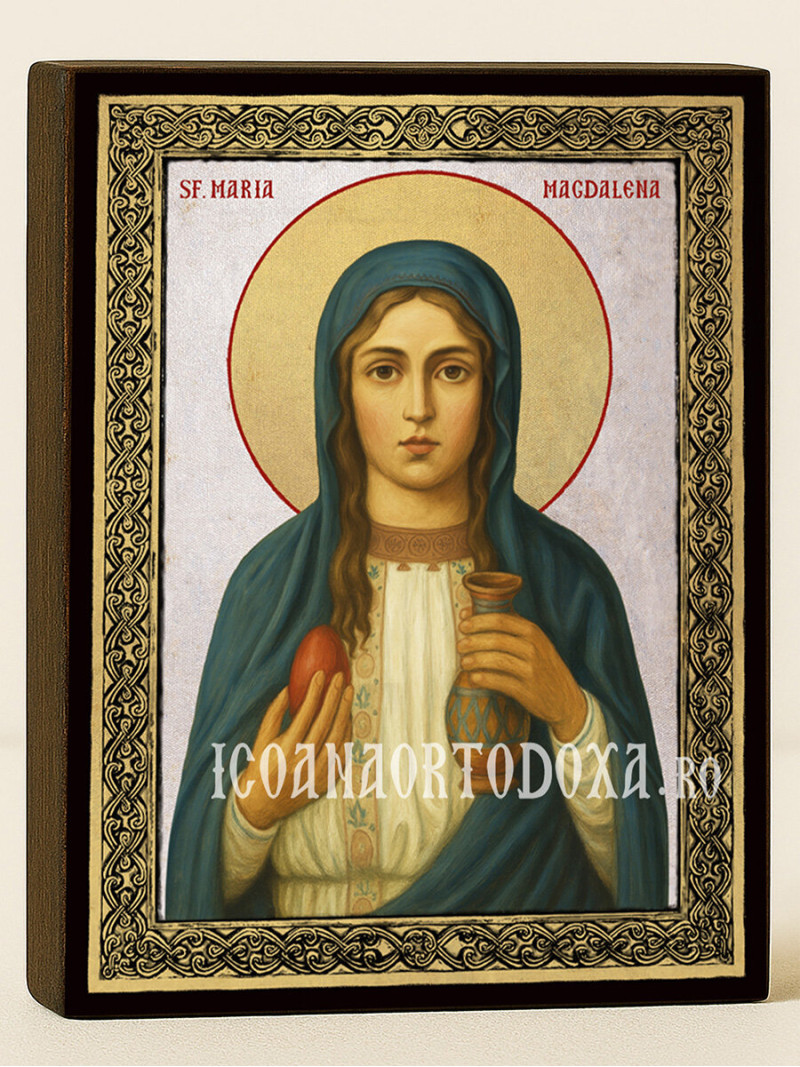 Icoană din argint cu Sfânta Maria Magdalena și ramă aurită