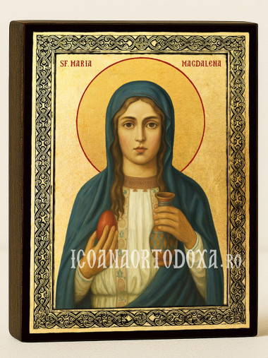 Icoană aurită cu Sfânta Maria Magdalena și ramă decorativă