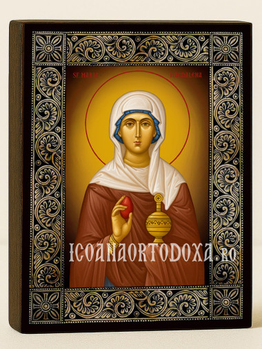 Icoană cu Sfânta Maria Magdalena și ramă florală decorativă