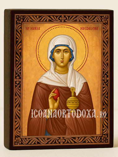 Icoană cu Sfânta Maria Magdalena cu ramă decorativă rustică
