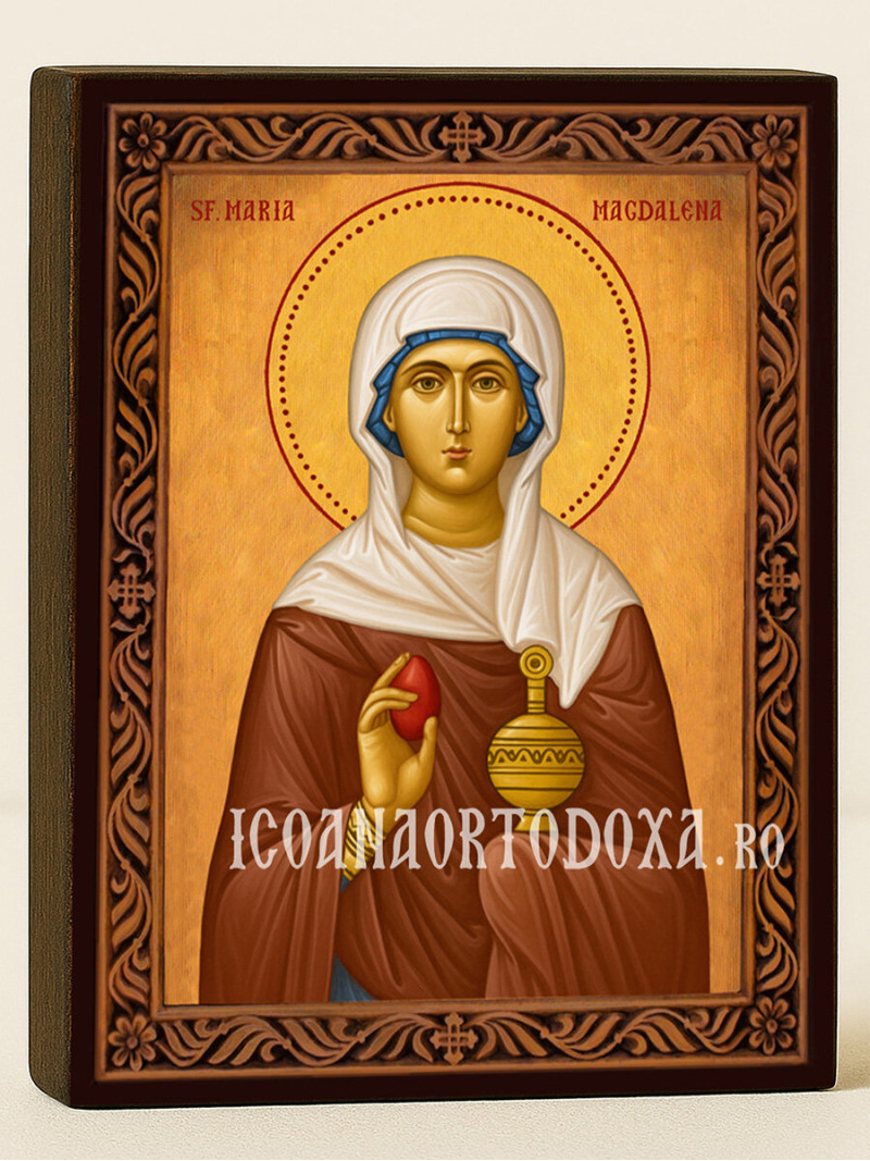 Icoană cu Sfânta Maria Magdalena cu ramă decorativă rustică