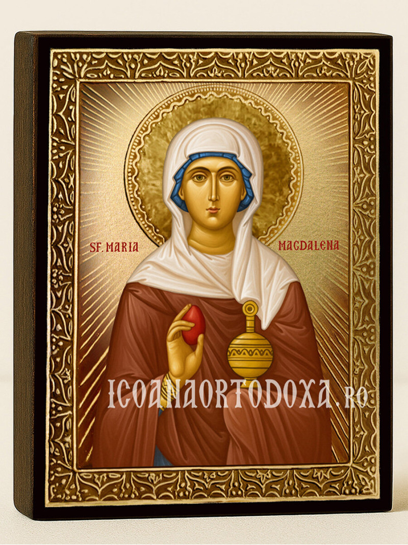 Icoană aurită cu Sfânta Maria Magdalena și raze luminoase