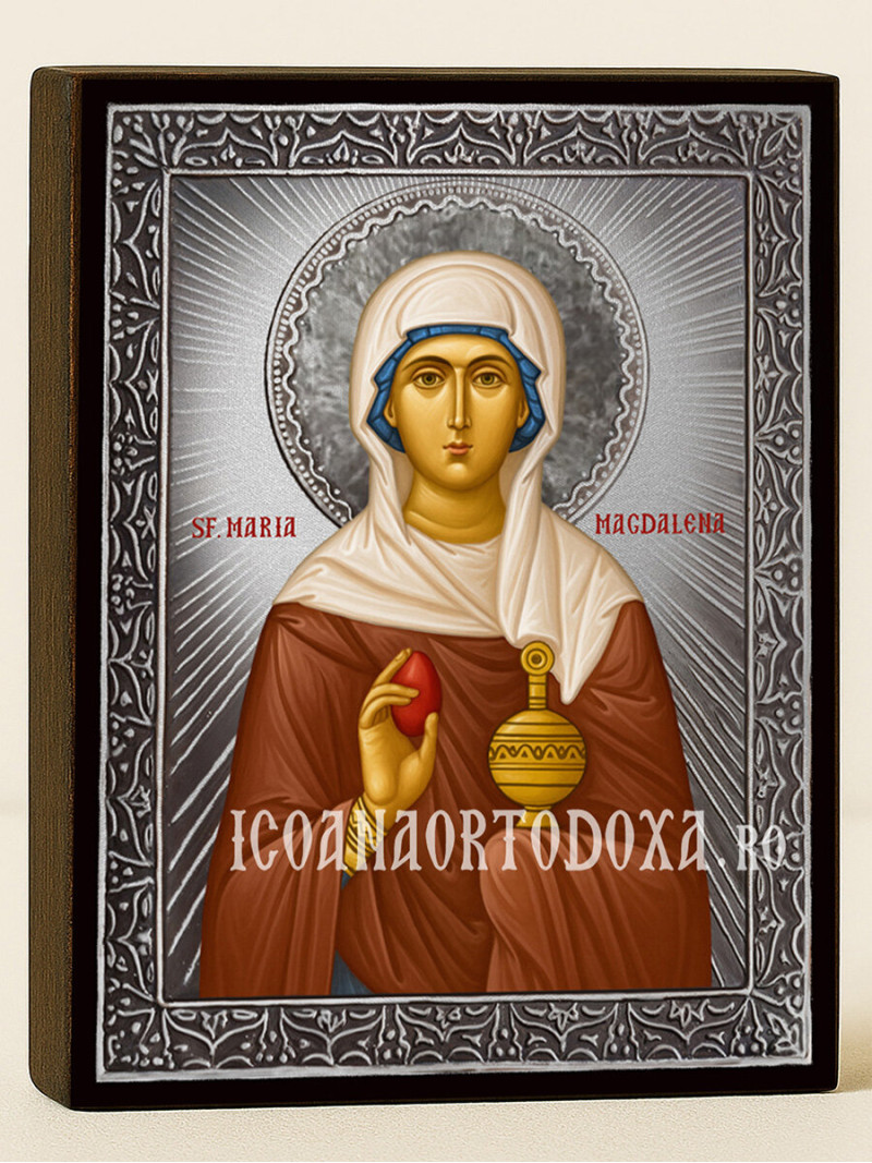 Icoană din argint cu Sfânta Maria Magdalena și raze decorative
