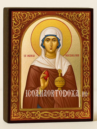 Icoană cu Sfânta Maria Magdalena cu arcadă florală și fundal auriu