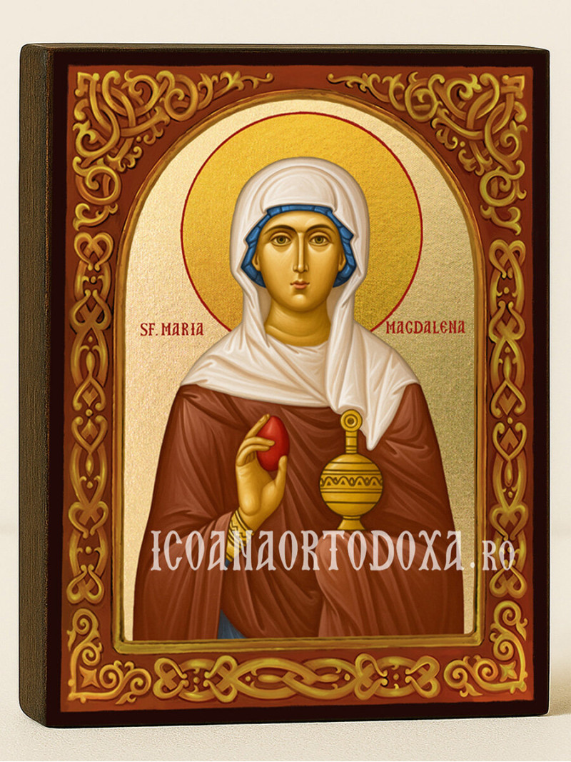 Icoană cu Sfânta Maria Magdalena cu arcadă florală și fundal auriu