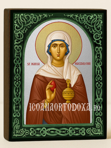 Icoană cu Sfânta Maria Magdalena cu arcadă florală verde și fundal argintiu