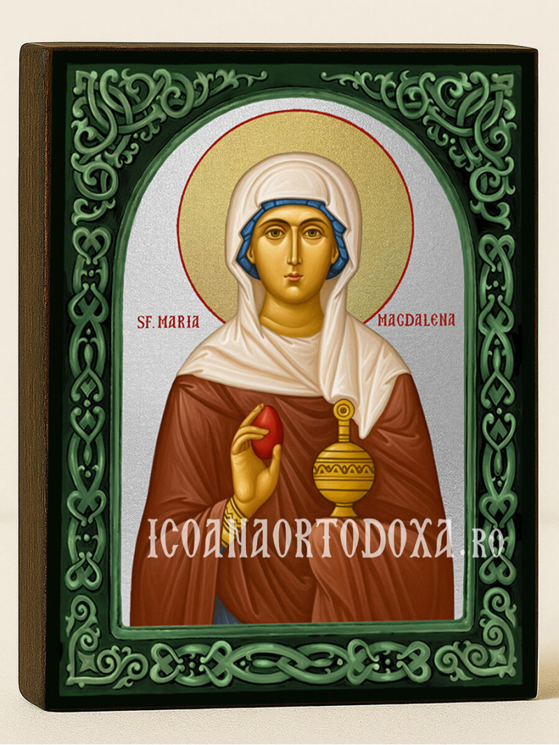 Icoană cu Sfânta Maria Magdalena cu arcadă florală verde și fundal argintiu