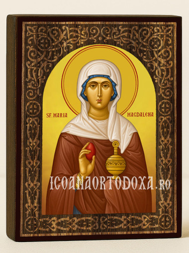 Icoană cu Sfânta Maria Magdalena cu arcadă florală cu textură de lemn