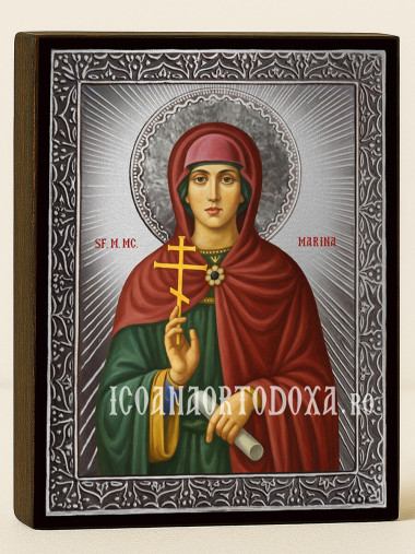 Icoană din argint cu Sfânta Marina și raze decorative