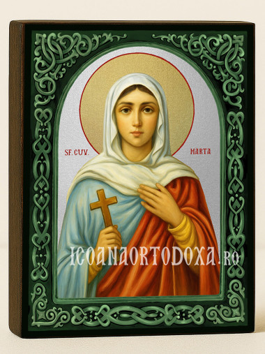 Icoană cu Sfânta Marta cu arcadă florală verde și fundal argintiu