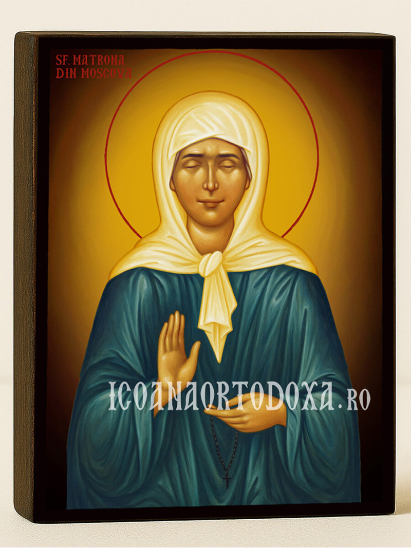 Icoană ortodoxă cu Sfânta Matrona a Moscovei cu fundal galben luminos
