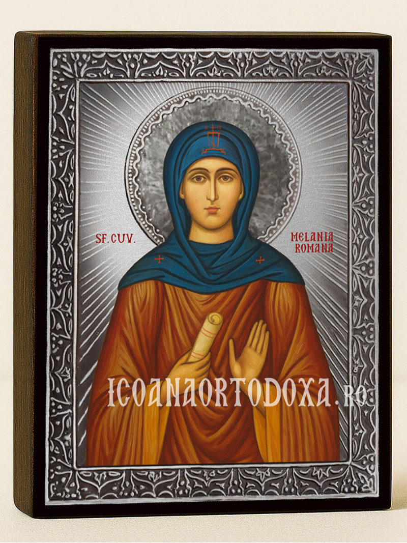 Icoană din argint cu Sfânta Melania Romana și raze decorative