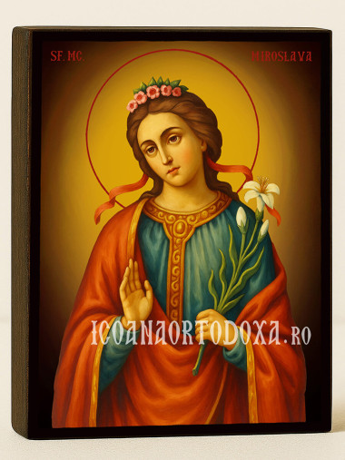 Icoană cu Sfânta Miroslava cu fundal galben luminos