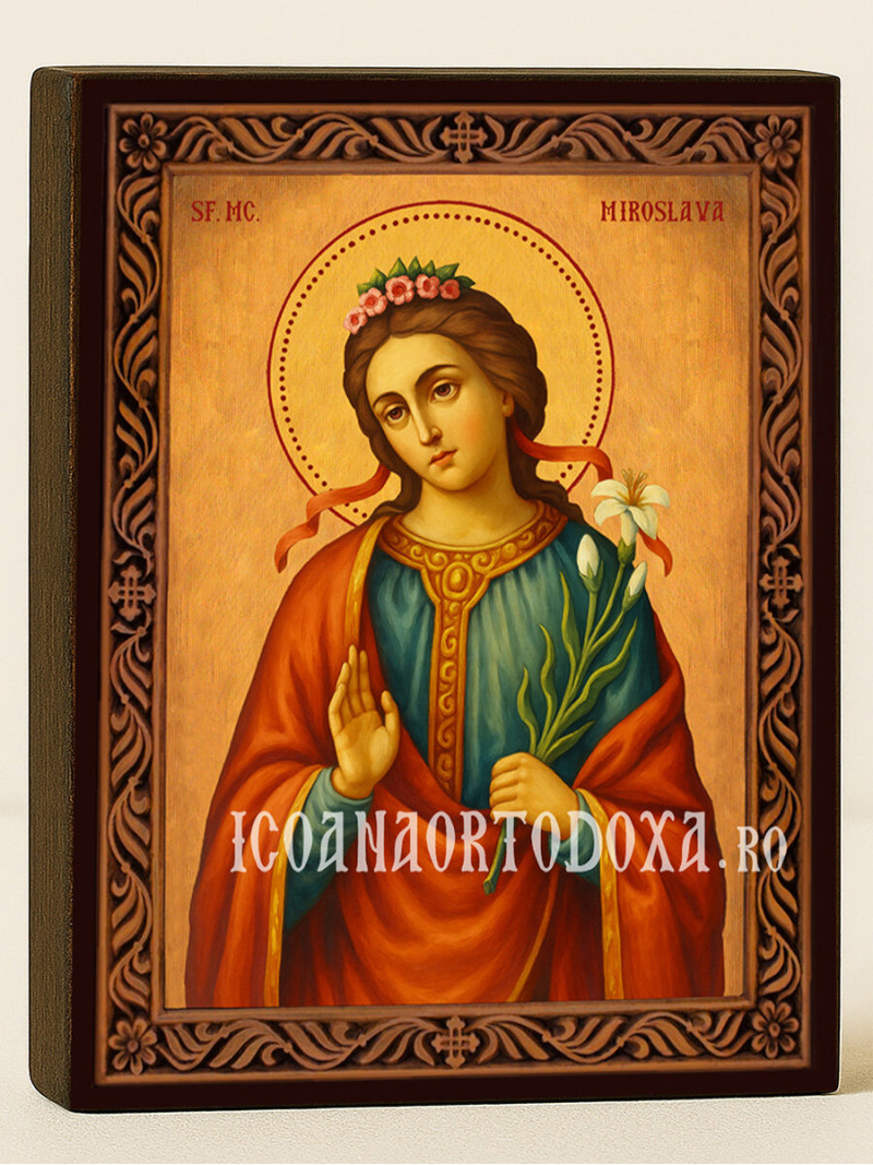 Icoană cu Sfânta Miroslava cu ramă decorativă rustică